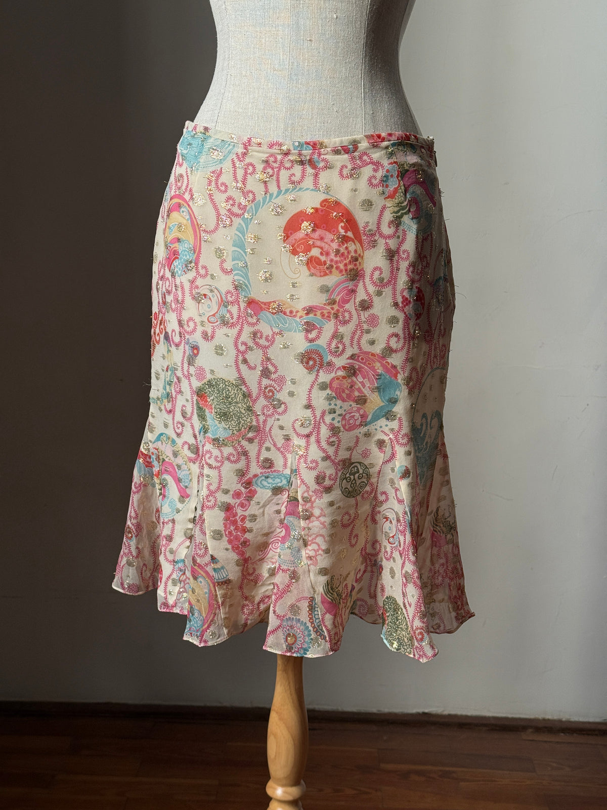 Blumarine 2003SS Sequinned Aquamarine Cardigan & Emanuel Ungaro early 2000s Japanese Floral Silk Skirt