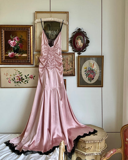 Prada Pink Silk Ruched Dress with Black Lace