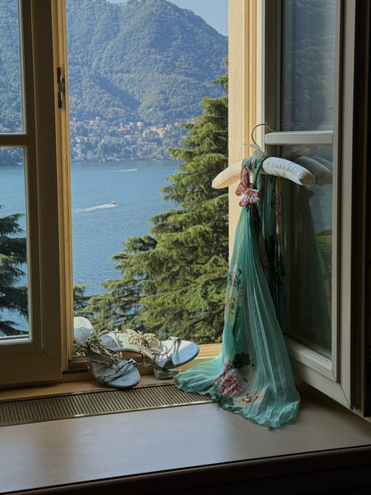 Emanuel Ungaro 2001SS Teal Pleated Open Back Top & John Galliano 2001SS Duck Egg Blue Silk Chiffon Asymmetrical Skirt