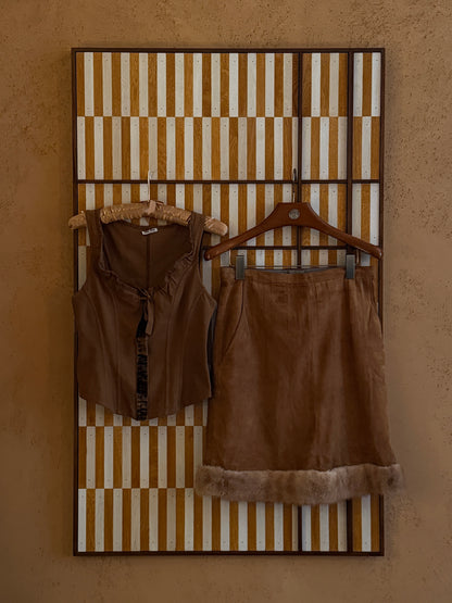 Miu Miu 2000s Light Brown Corset & Vintage Fur Trimmed Suede Skirt