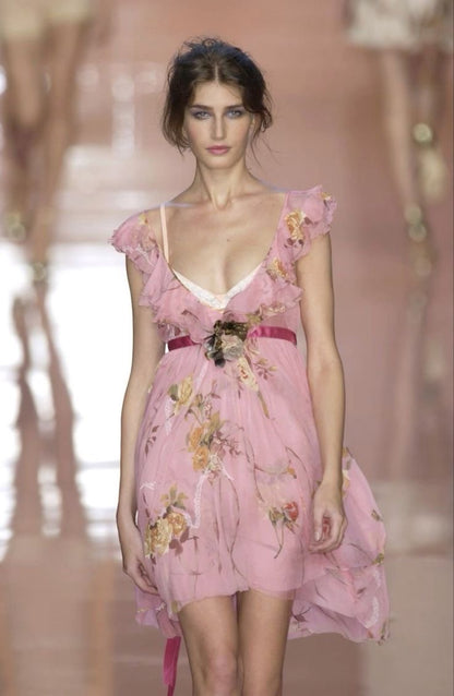 Blumarine 2004SS Pink Floral Silk Chiffon Dress Sous Les Fleurs Blumarine 2004SS Pink Floral Silk Chiffon Dress Sous Les Fleurs