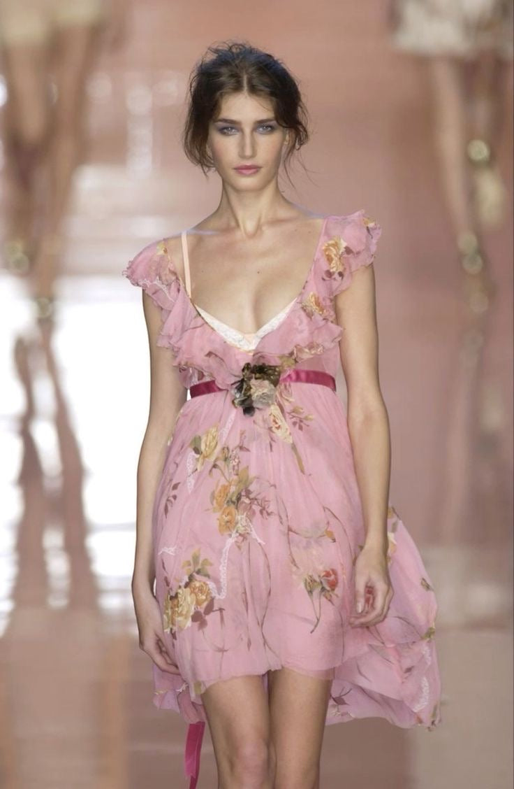 Blumarine 2004SS Pink Floral Silk Chiffon Dress