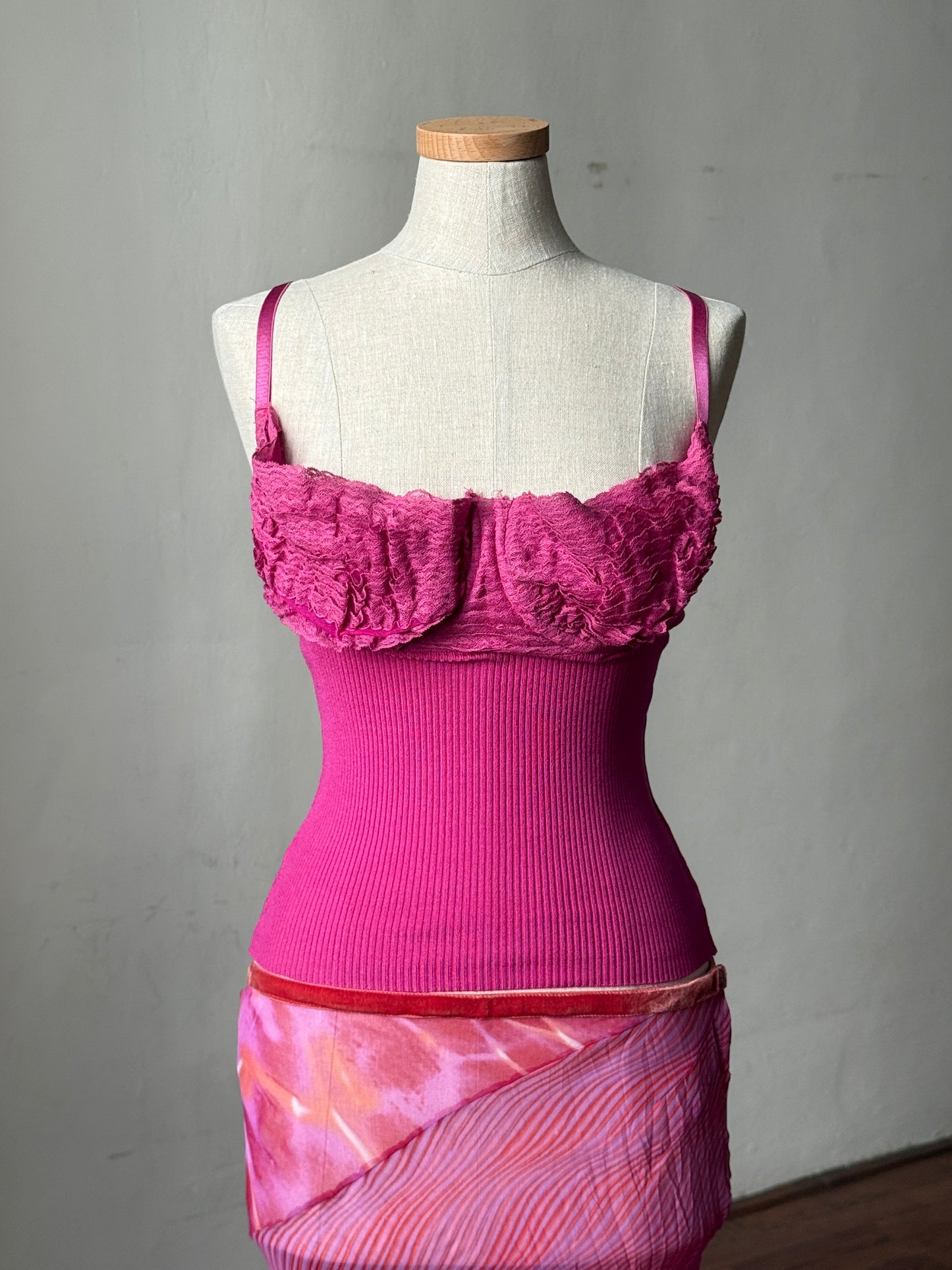 Blumarine 2000s Dark Fuchsia Ruffle Bralette Top & Just Cavalli Psychedelic Sheer Skirt