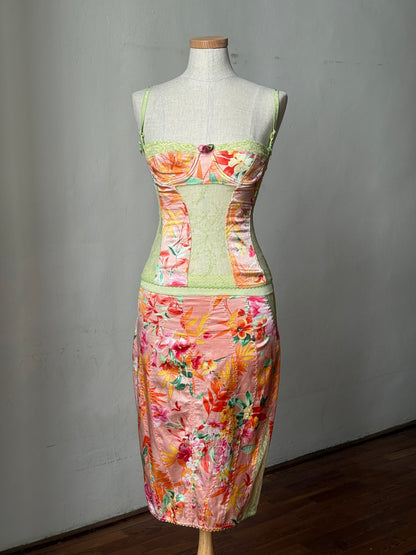 Dolce & Gabbana D&G 2005 Orange Floral Corset & Skirt Ensemble