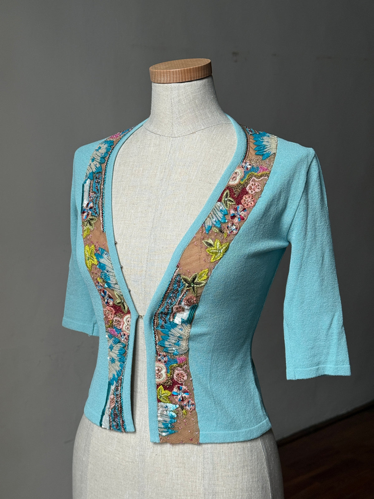 Blumarine 2003SS Sequinned Aquamarine Cardigan & Emanuel Ungaro early 2000s Japanese Floral Silk Skirt