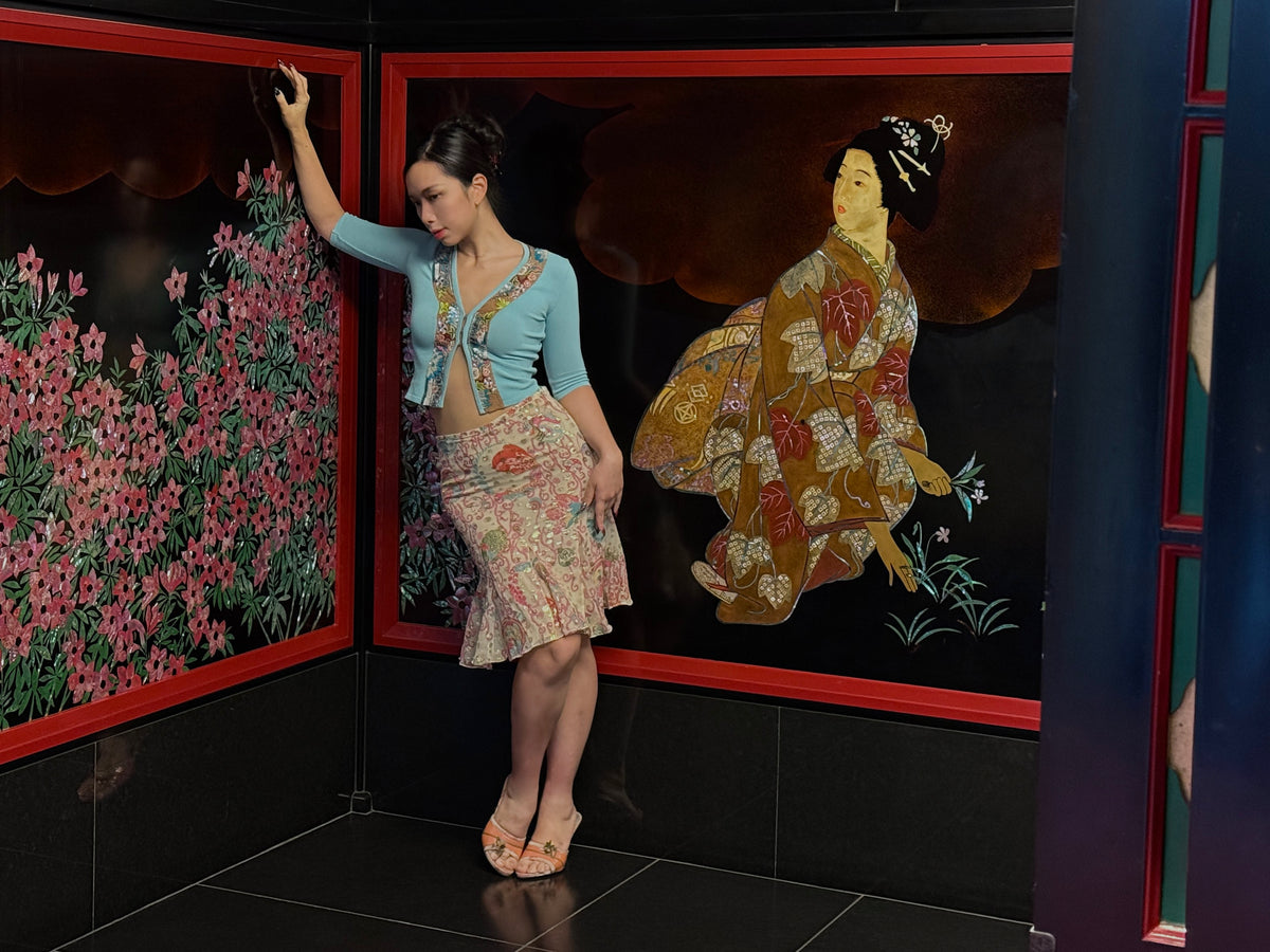 Blumarine 2003SS Sequinned Aquamarine Cardigan & Emanuel Ungaro early 2000s Japanese Floral Silk Skirt