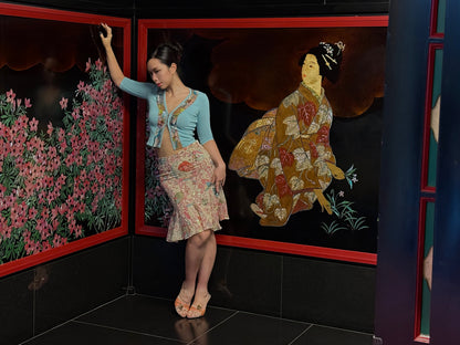 Blumarine 2003SS Sequinned Aquamarine Cardigan & Emanuel Ungaro early 2000s Japanese Floral Silk Skirt