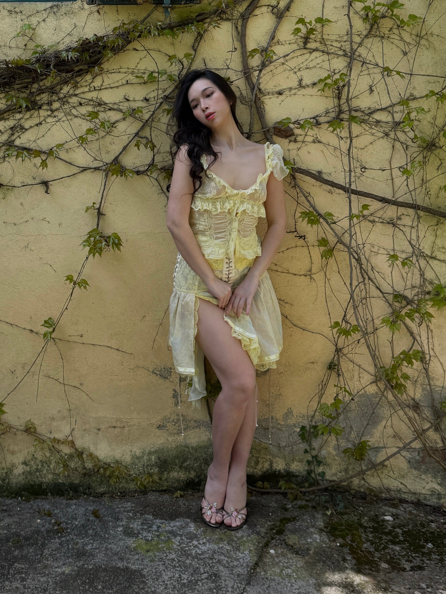 Dolce & Gabbana D&G 2006SS Baby Yellow Lace Top & Corseted Skirt