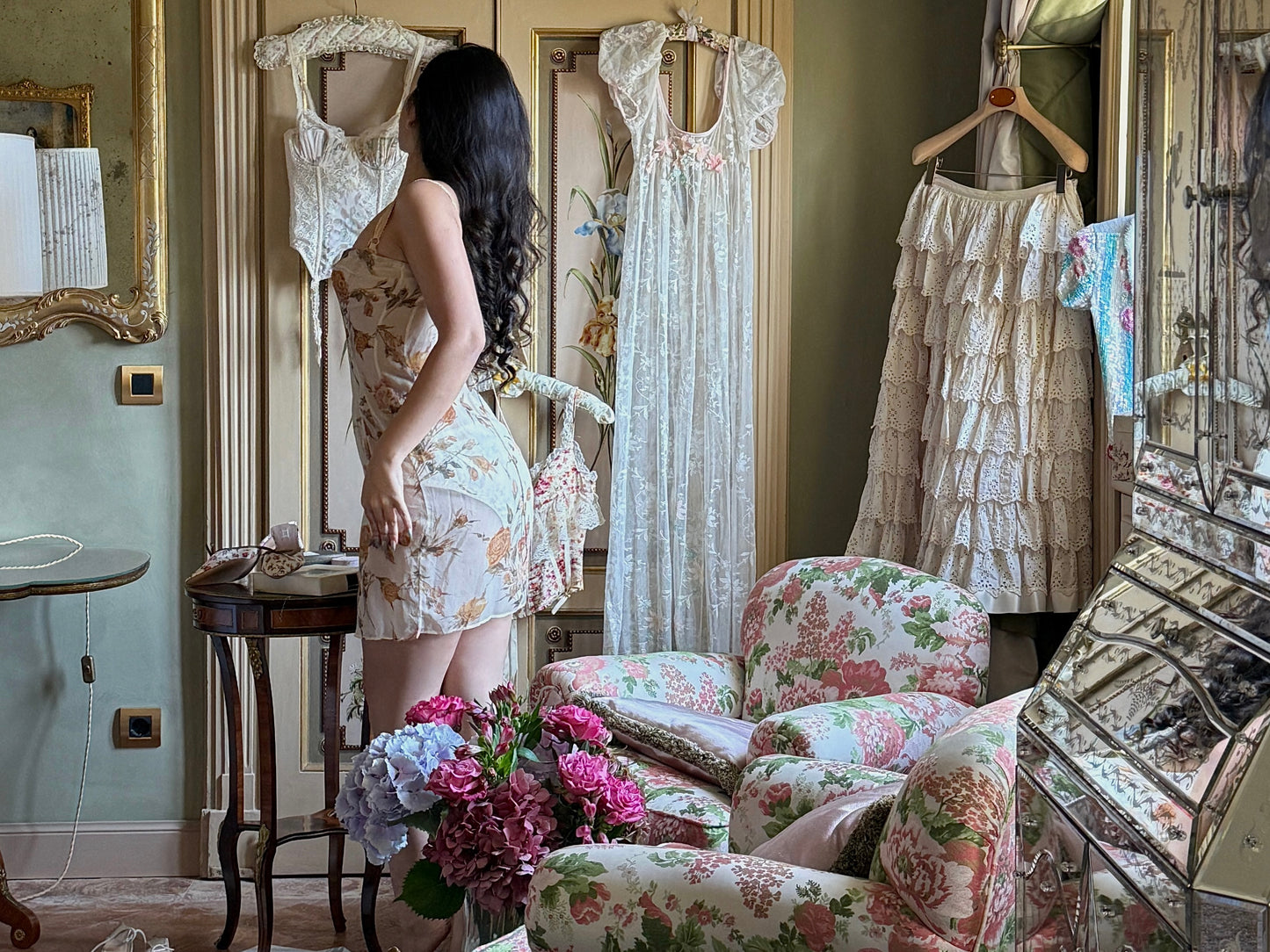 Dolce & Gabbana 1997SS Floral Silk Chiffon Slip with Built-in Bra