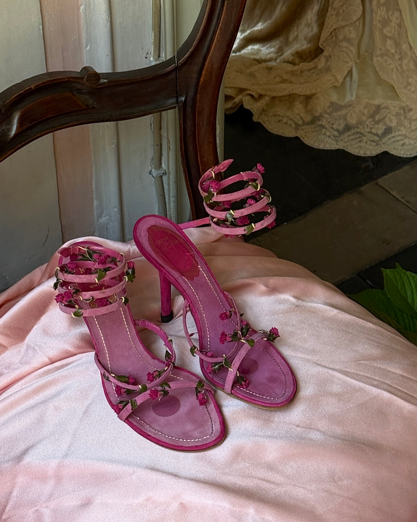 Rene Caovilla Ankle Wrapped Rosebud Heels