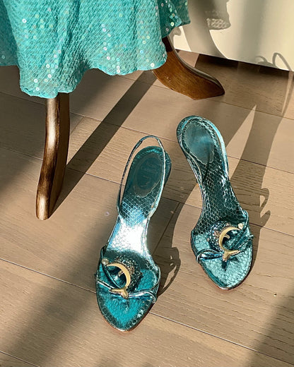 René Caovilla Blue Iridescent Dolphin Heels