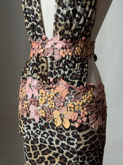 Ema Savahl Hand Painted Floral Appliqués Leopard Halter Neck Dress