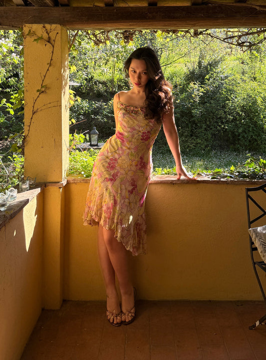 Blumarine 2000s Lemon and Floral Print Silk Dress