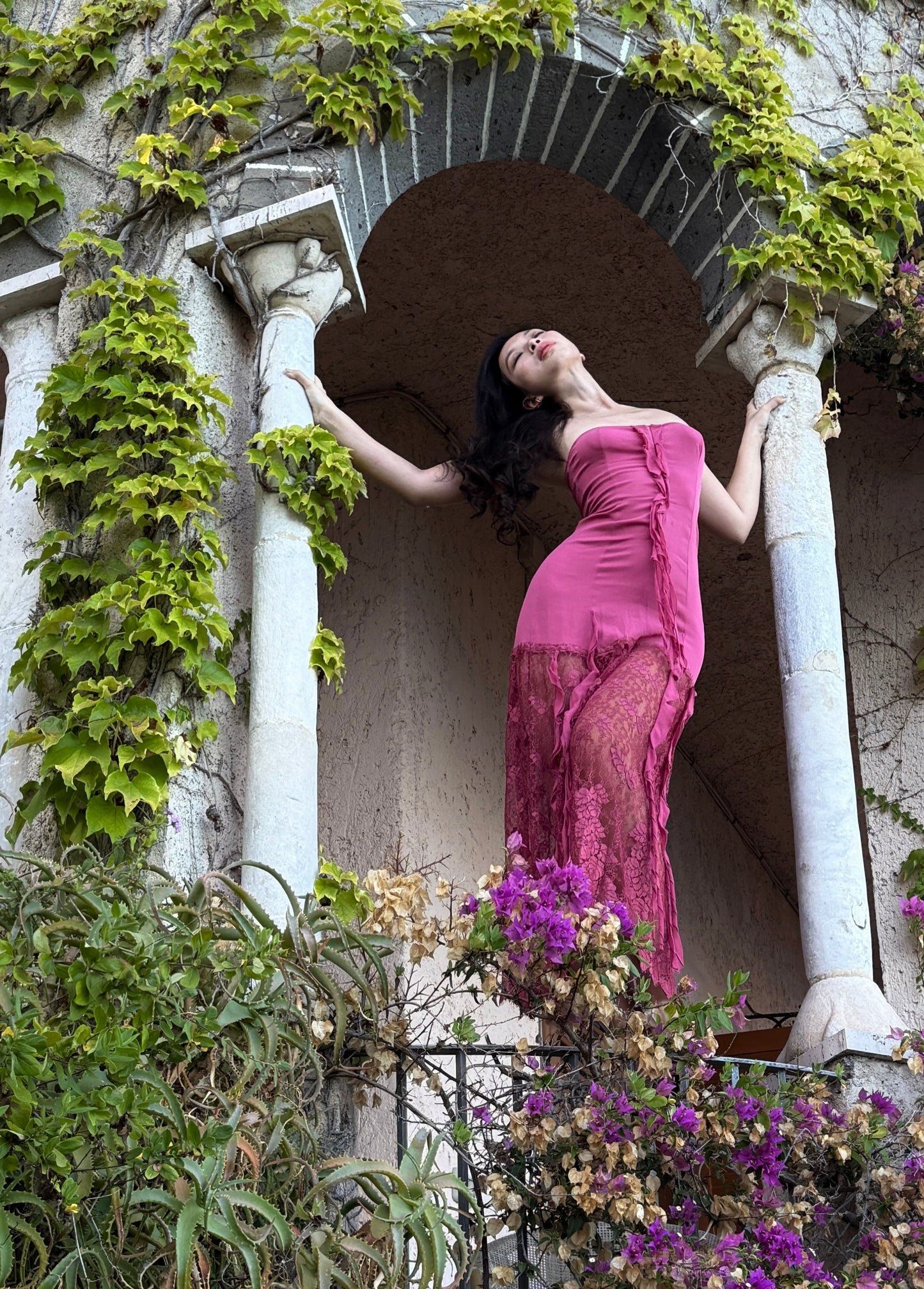 La Perla Fuchsia Pink Leaves Embroidery Dress