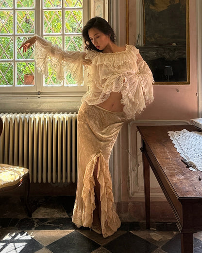 Ralph Lauren Velvet Lace Ruffle Skirt