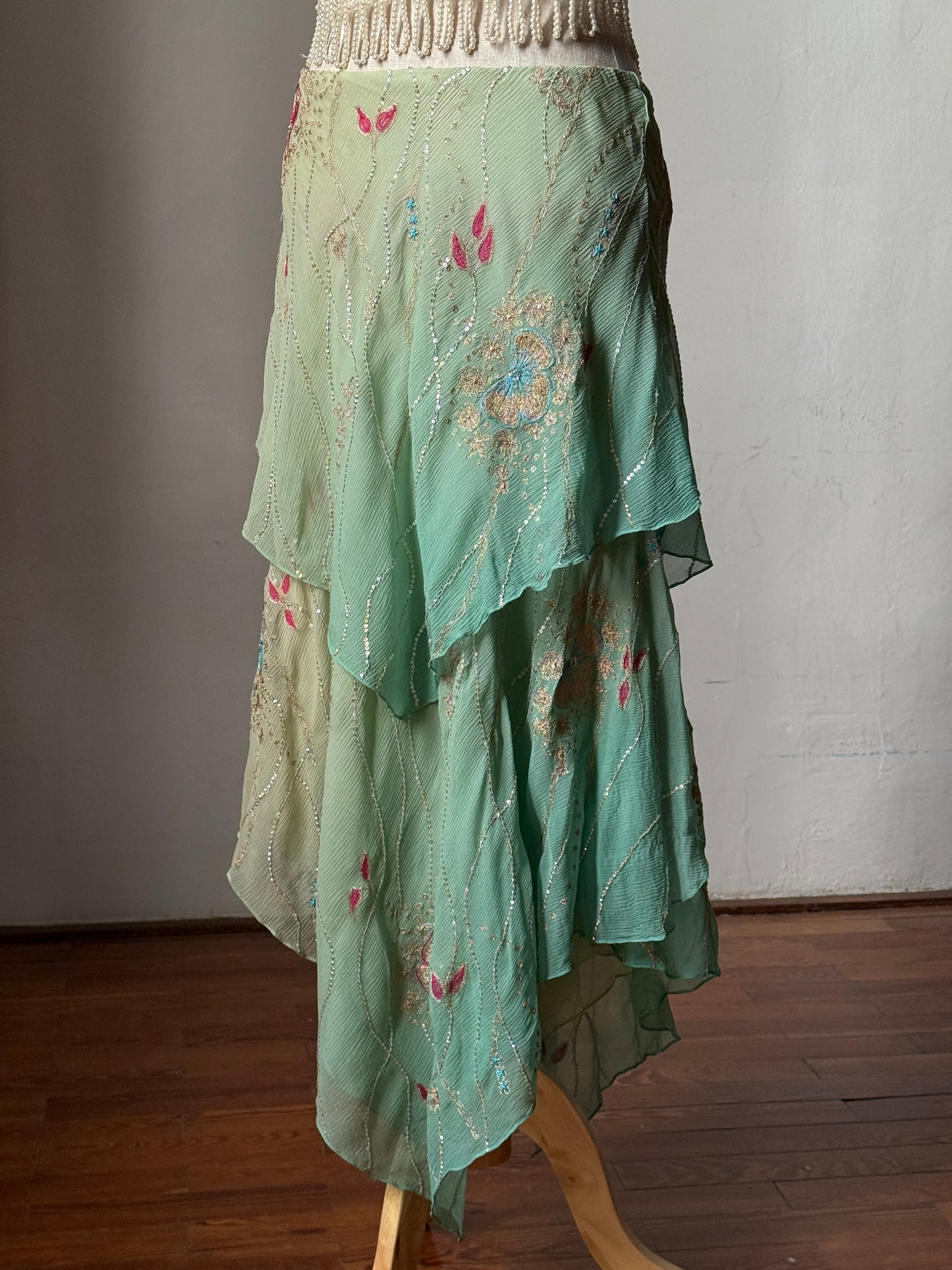 Ralph Lauren Silk Chiffon Embroidered Cascade Skirt