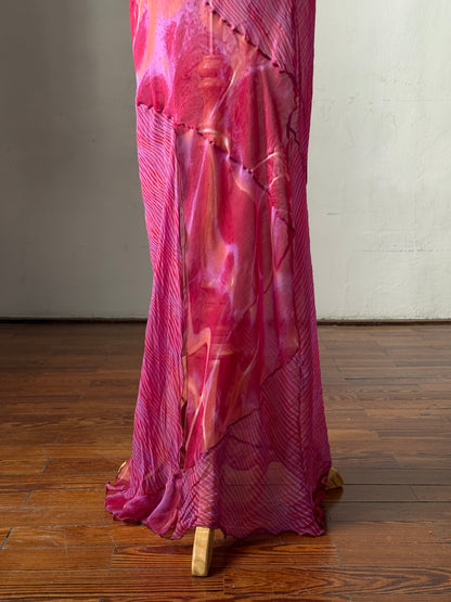 Blumarine 2000s Dark Fuchsia Ruffle Bralette Top & Just Cavalli Psychedelic Sheer Skirt