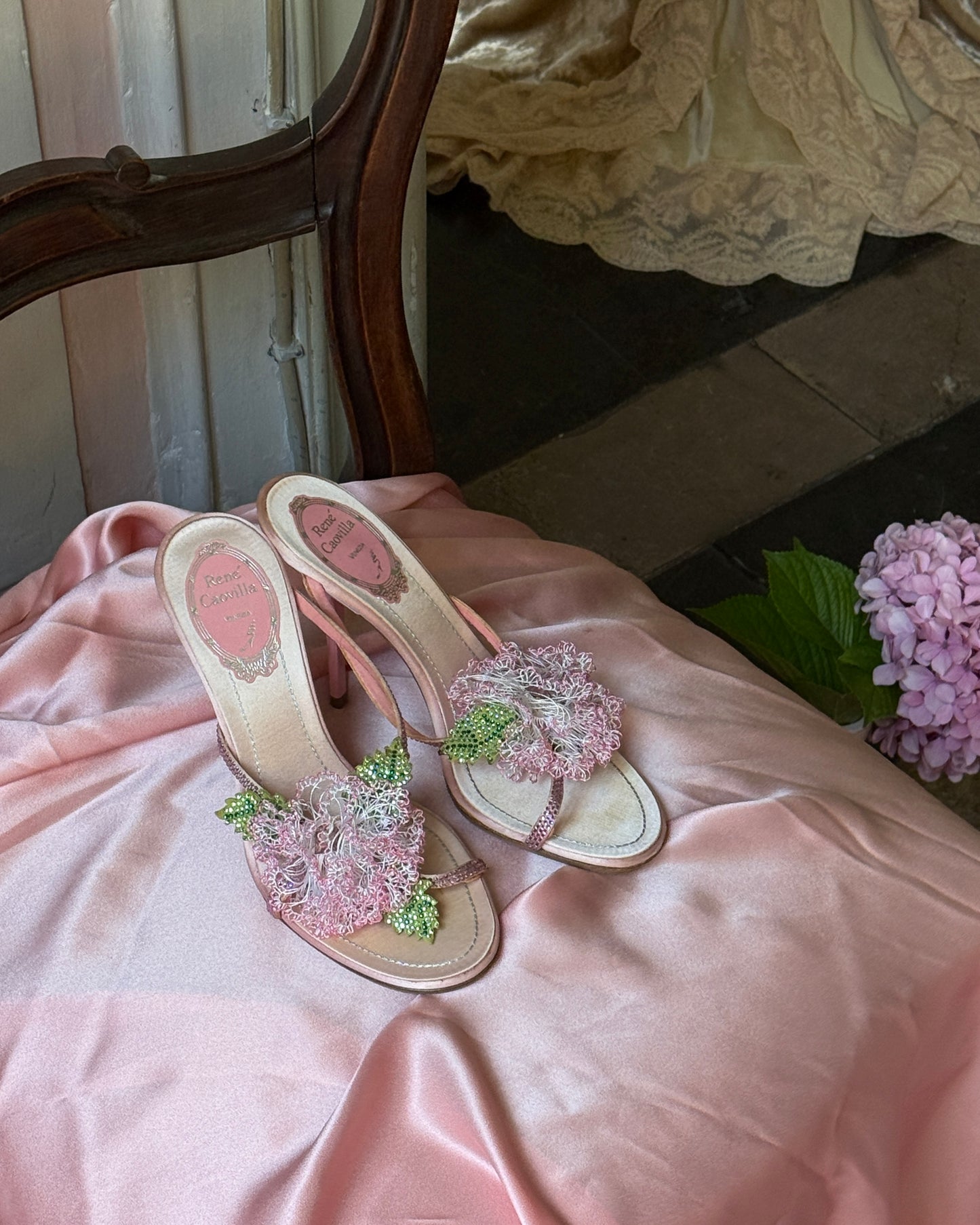 Rene Caovilla Pink Floral Appliqué Sandals