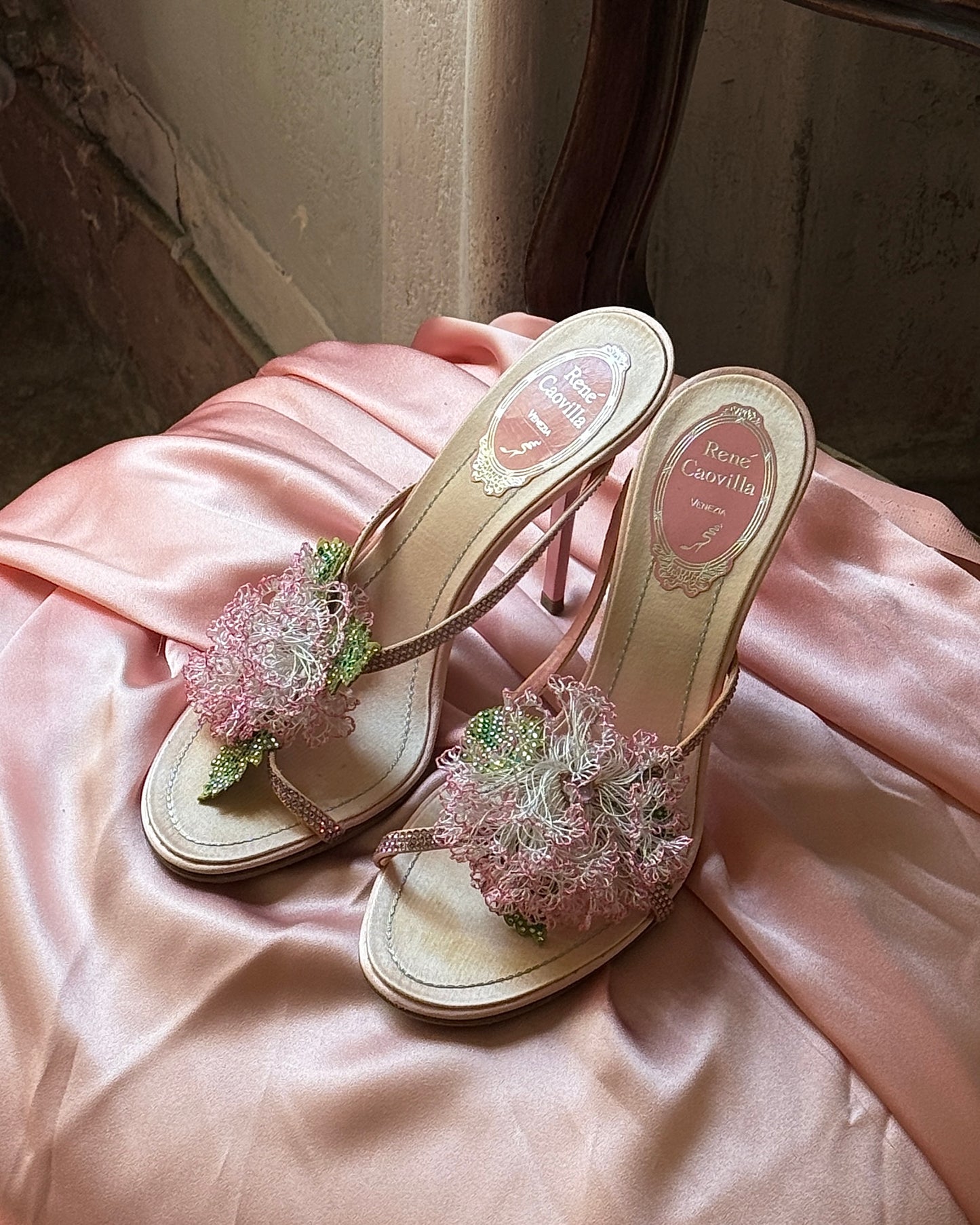Rene Caovilla Pink Floral Appliqué Sandals