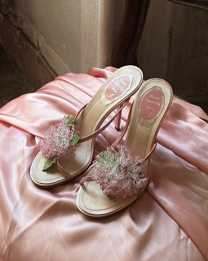 Rene Caovilla Pink Floral Appliqué Sandals