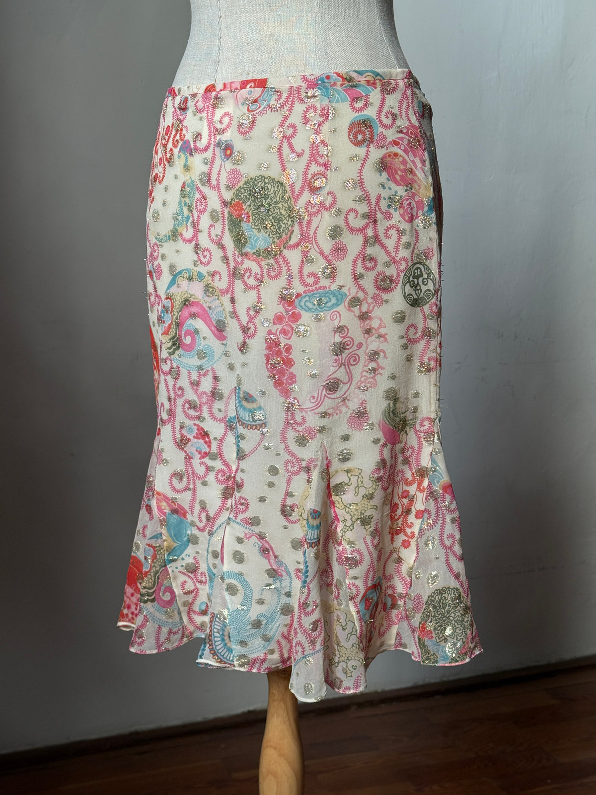 Blumarine 2003SS Sequinned Aquamarine Cardigan & Emanuel Ungaro early 2000s Japanese Floral Silk Skirt