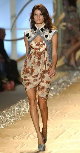 Blumarine 2005FW Printed Autumn Leaves Silk Chiffon Dress