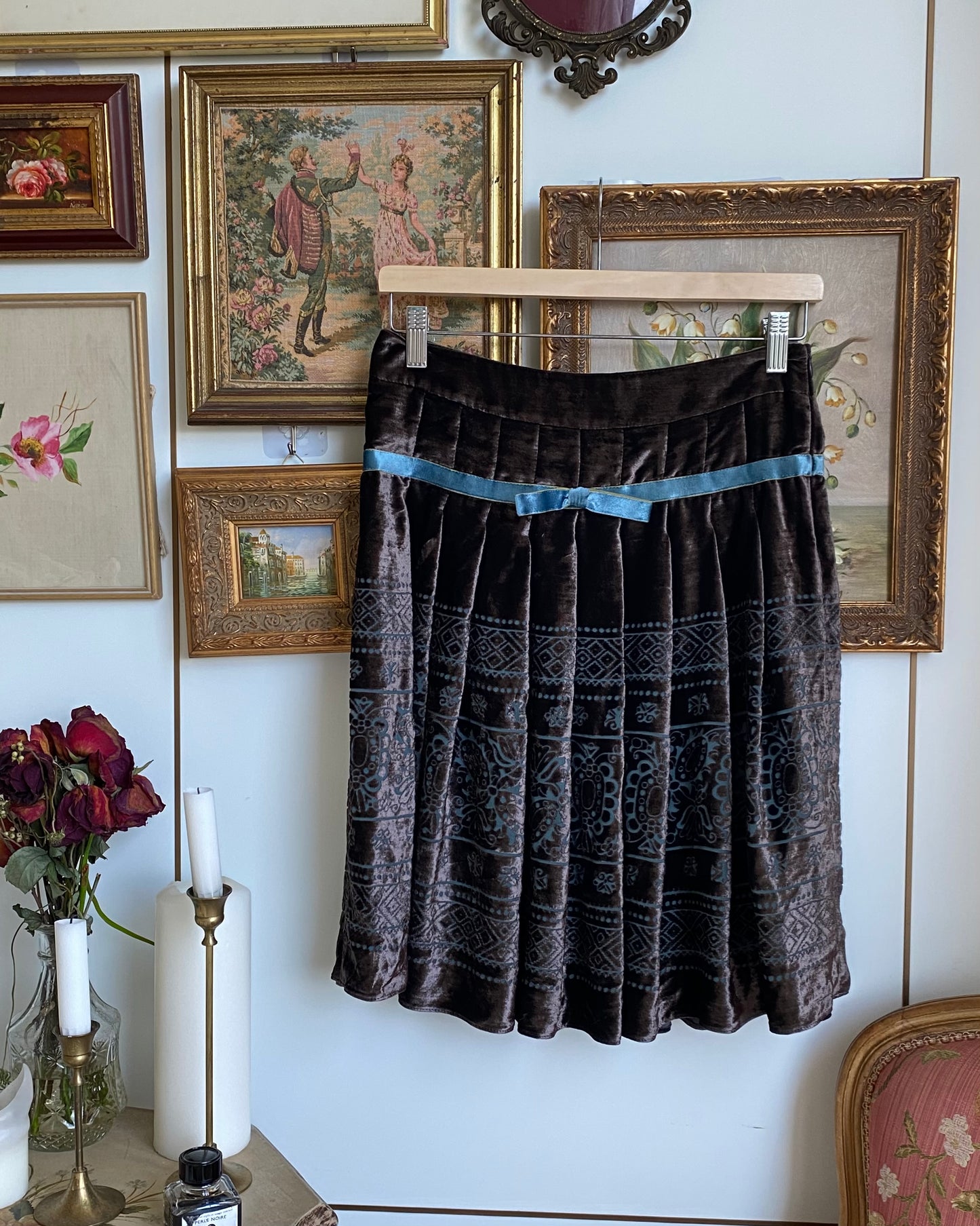 Blugirl Brown Burnout Velvet Pleated Skirt