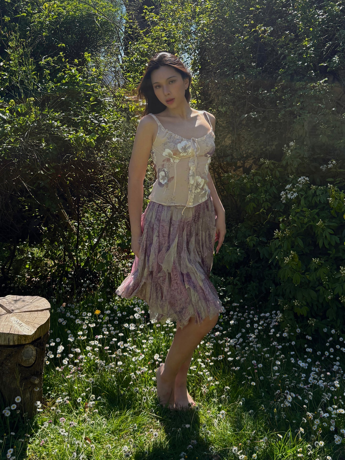 Blumarine 2002SS Floral Silk Chiffon Milkmaid Style Top