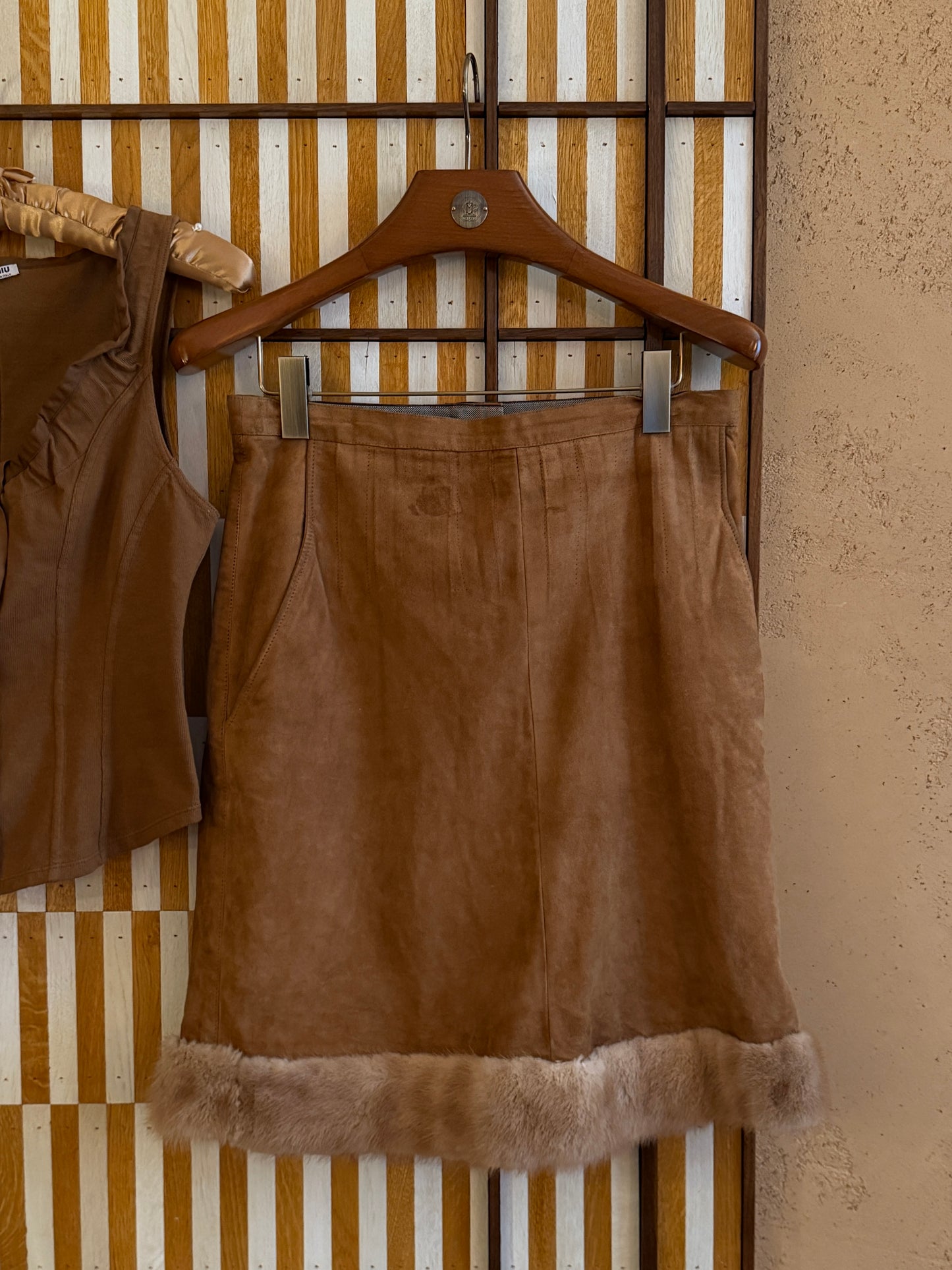 Miu Miu 2000s Light Brown Corset & Vintage Fur Trimmed Suede Skirt