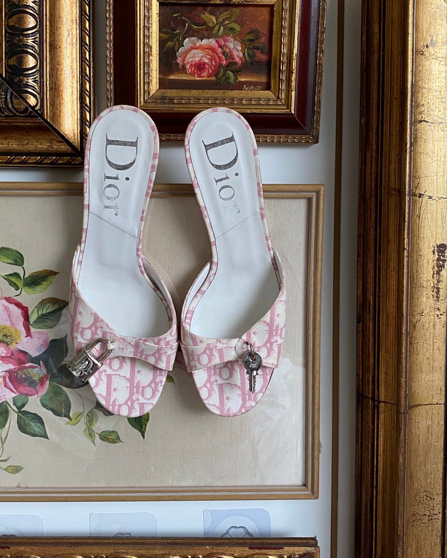 Dior Pink Monogram Key & Lock Mules