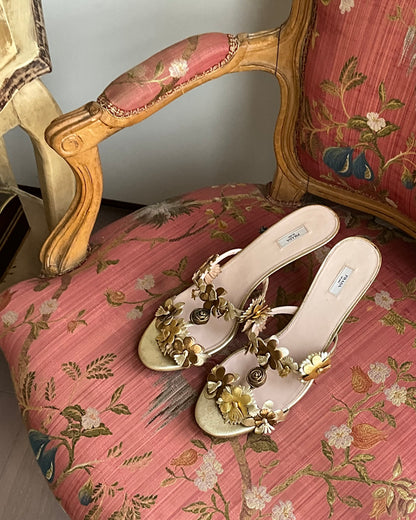 Prada Gold Floral Appliqué Sandals