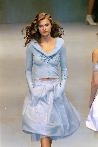 Blumarine 2000SS Floral Beaded Cardigan with Fur Trims & 1999FW Silk Taffeta Skirt