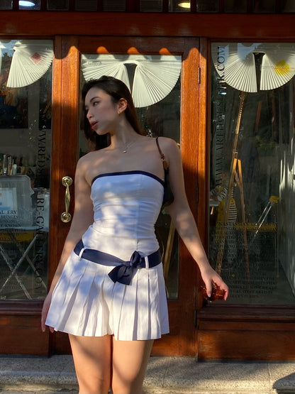 Valentino White Pleated Mini Dress with Blue Ribbon