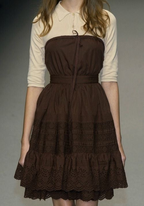 Miu Miu 2002SS White Puff-sleeved Ruffle Blouse & Brown Eyelet Skirt