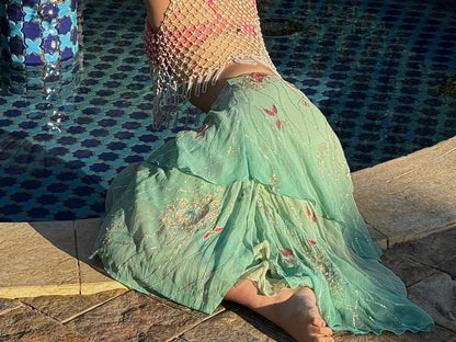 Ralph Lauren Silk Chiffon Embroidered Cascade Skirt