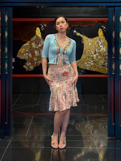 Blumarine 2003SS Sequinned Aquamarine Cardigan & Emanuel Ungaro early 2000s Japanese Floral Silk Skirt