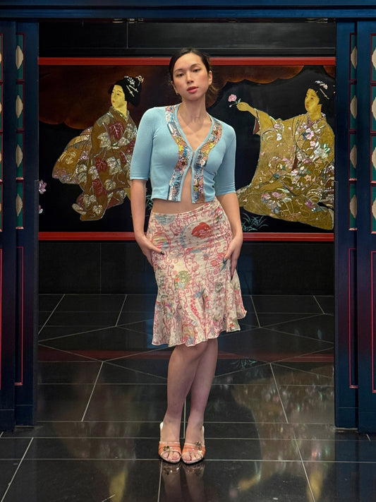 Blumarine 2003SS Sequinned Aquamarine Cardigan & Emanuel Ungaro early 2000s Japanese Floral Silk Skirt