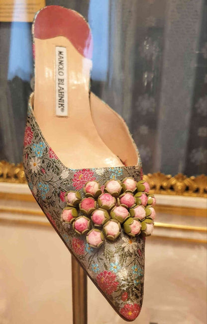 Manolo Blahnik Floral Mules with Rosebuds Details