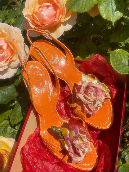 René Caovilla Orange Leather Heels With Rose Embellishments