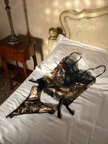 Valentino Black And Beige Floral Lace Lingerie Set