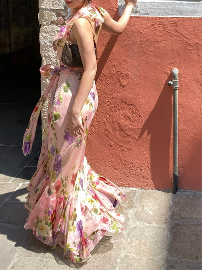 Ralph Lauren Pink Chiffon Floral Maxi Halter Neck Dress