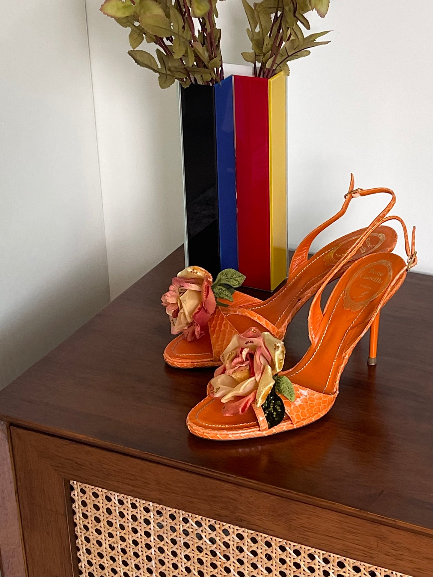 René Caovilla Orange Leather Heels With Rose Embellishments