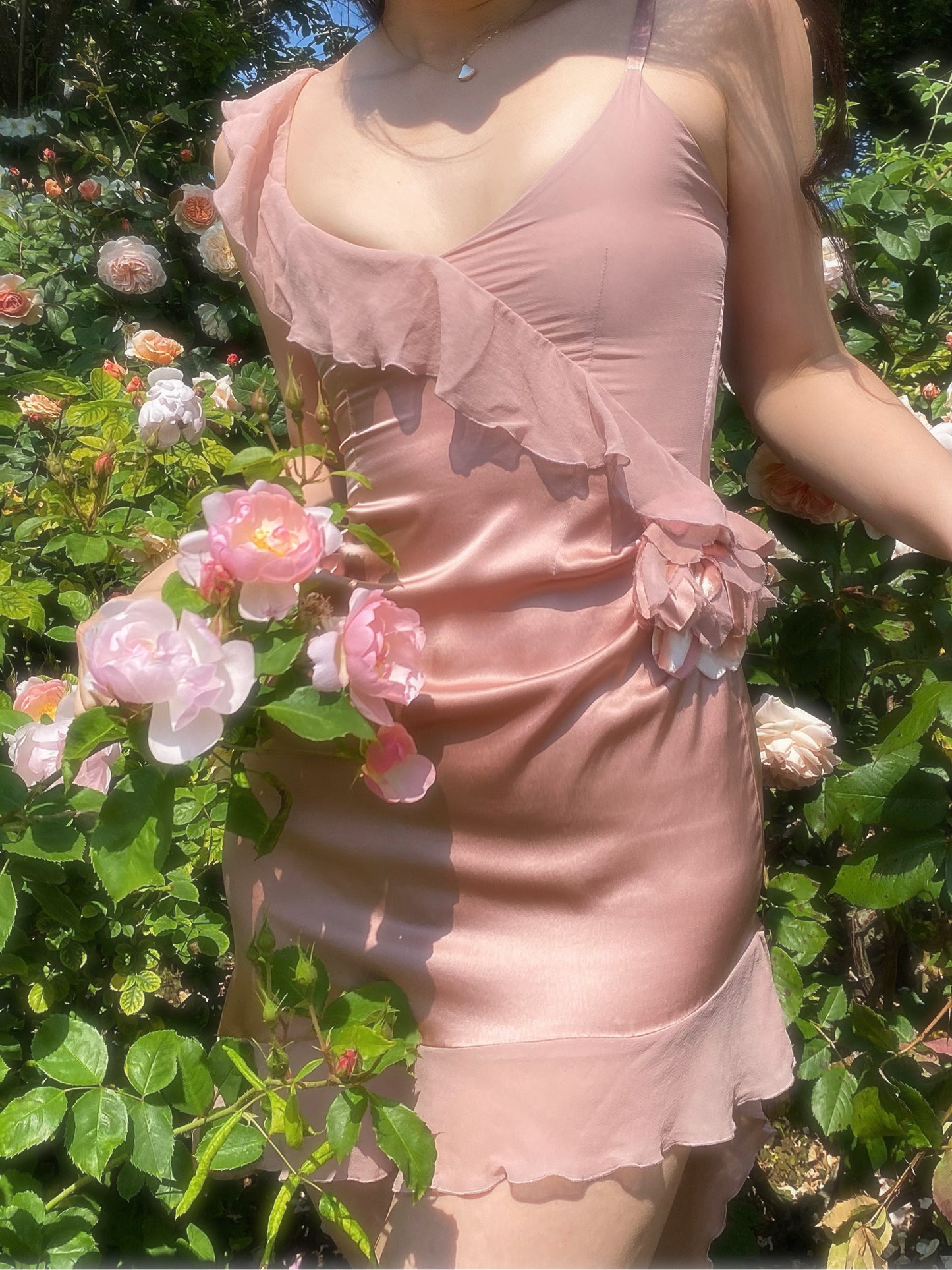 Light Mauve Silk Midi Dress With Rose Appliqué And Ruffles Detail