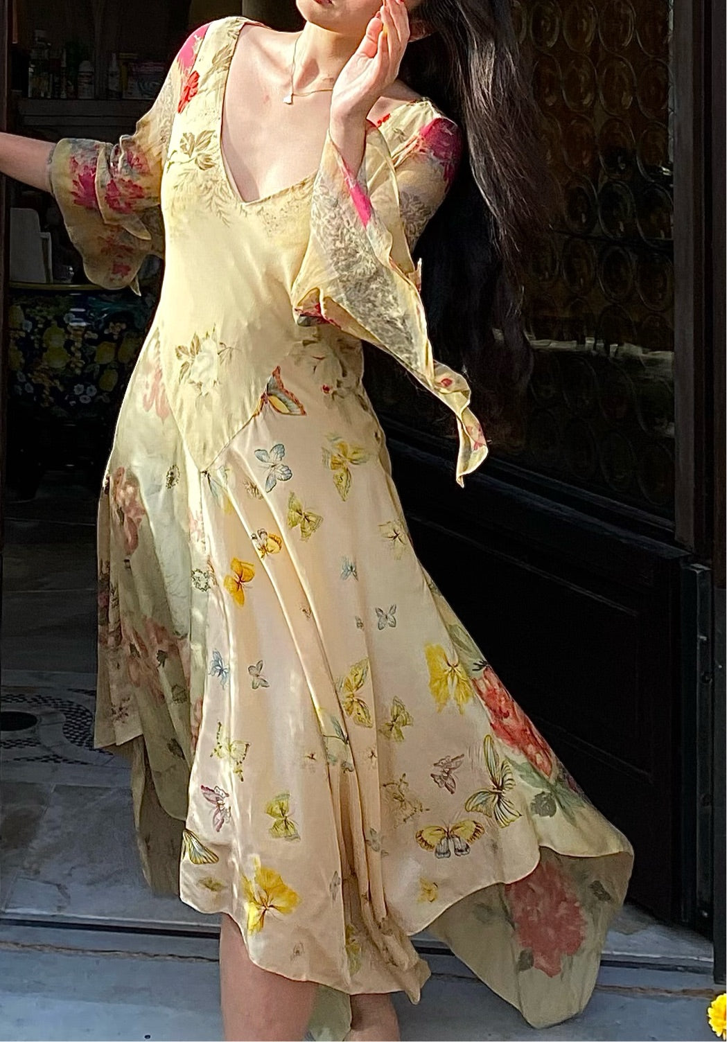 Ralph Lauren Light Yellow Bell Sleeved Garden Silk Dress