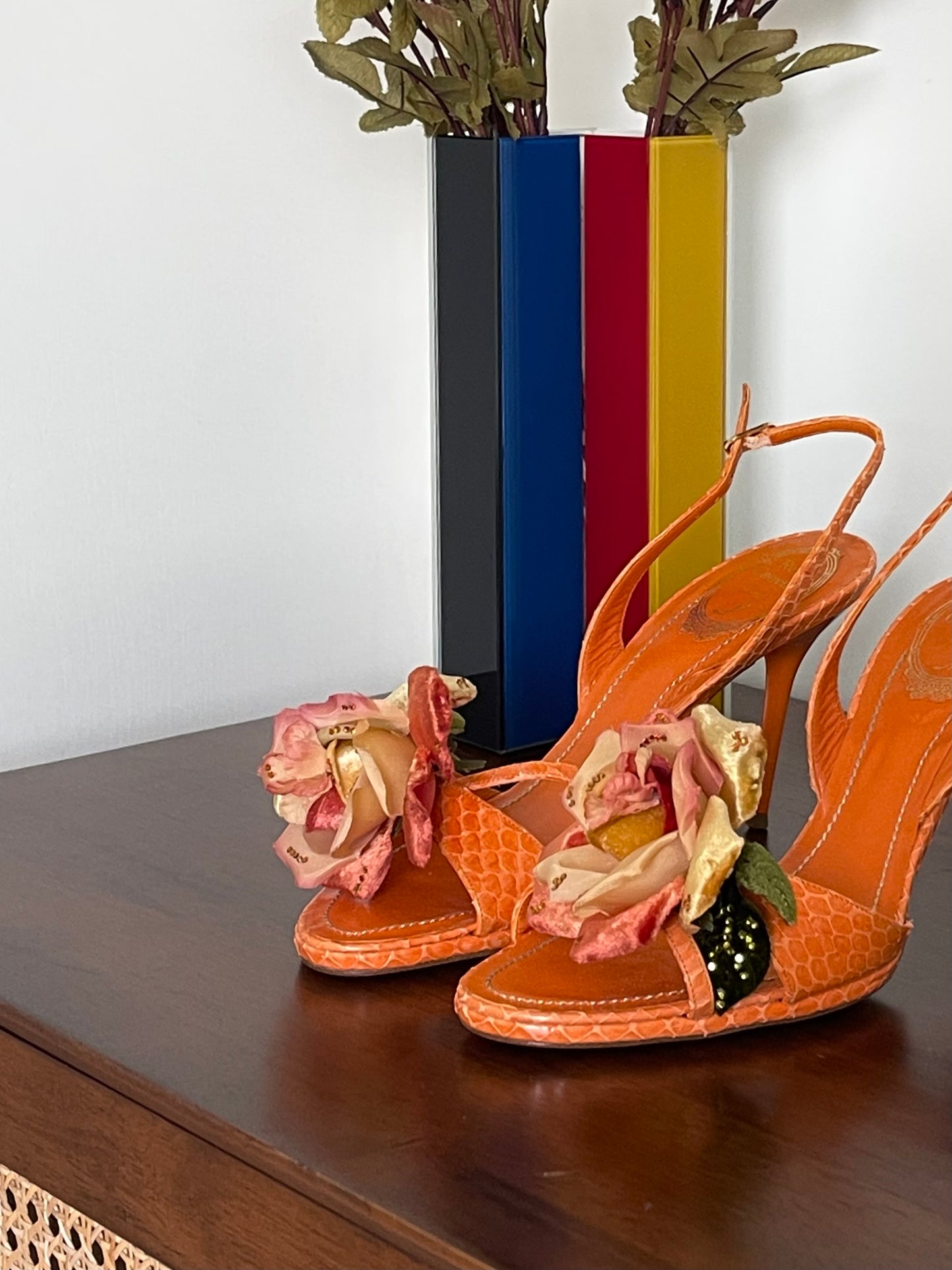 René Caovilla Orange Leather Heels With Rose Embellishments