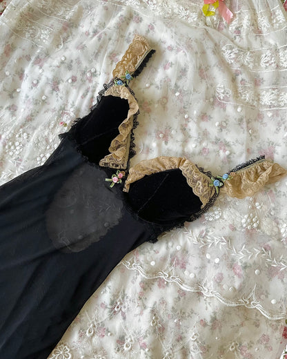 Black Velvet And Mesh Babydoll With Cream Lace Trimmings