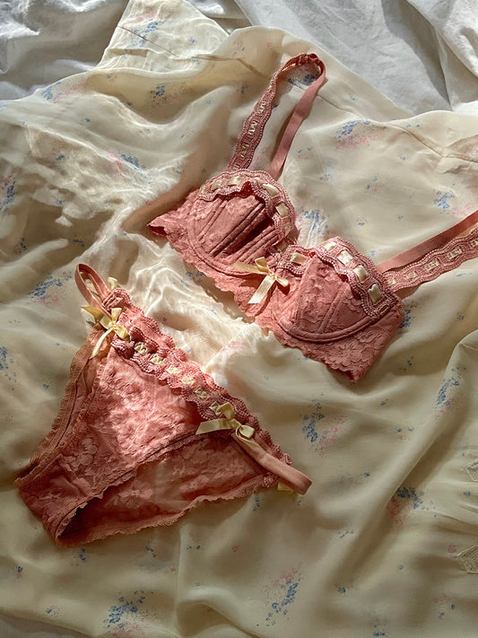 Dusty Pink Ribbons And Floral Lace Lingerie Set