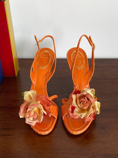 René Caovilla Orange Leather Heels With Rose Embellishments