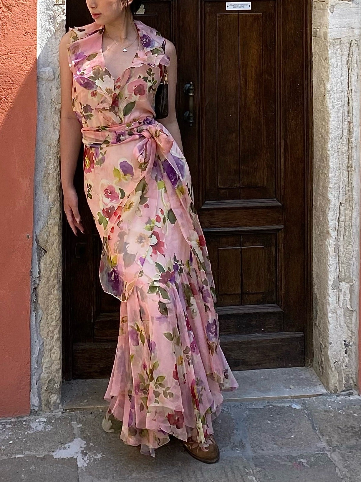 Ralph Lauren Pink Chiffon Floral Maxi Halter Neck Dress