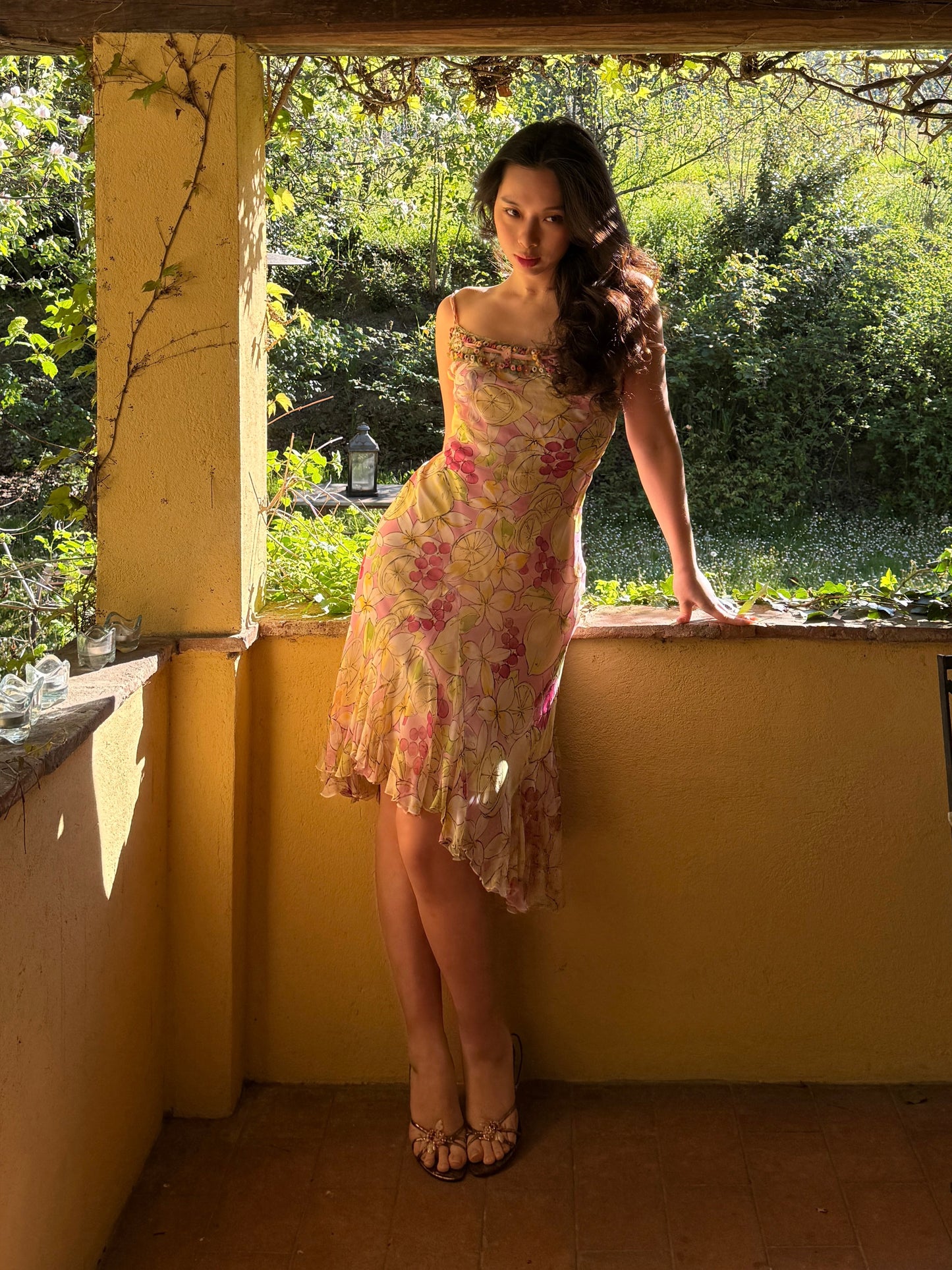 Blumarine 2000s Lemon and Floral Print Silk Dress